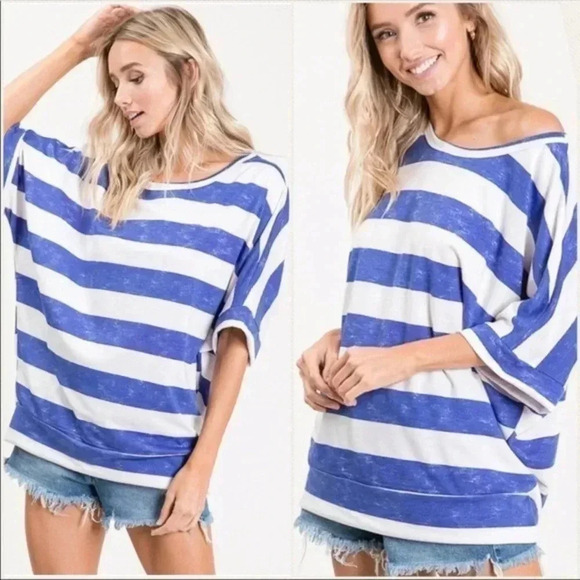 Private Label Tops - Oversized Striped Blue Top